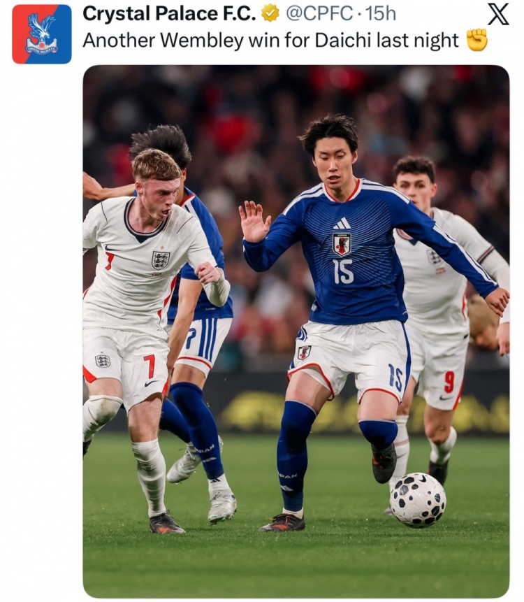 开云-水晶宫官推晒镰田大地比赛照：昨晚大地再一次在温布利取得胜利